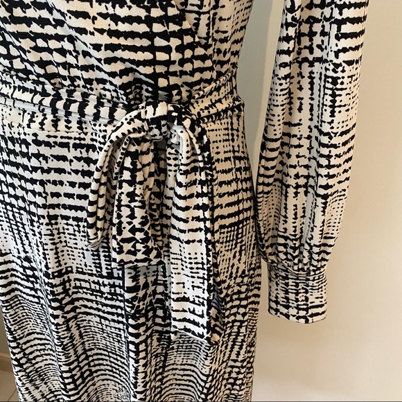 H&M Gingham White and black Faux Wrap Formal Midi Dress Long Sleeves Size 10 - Picture 6 of 10